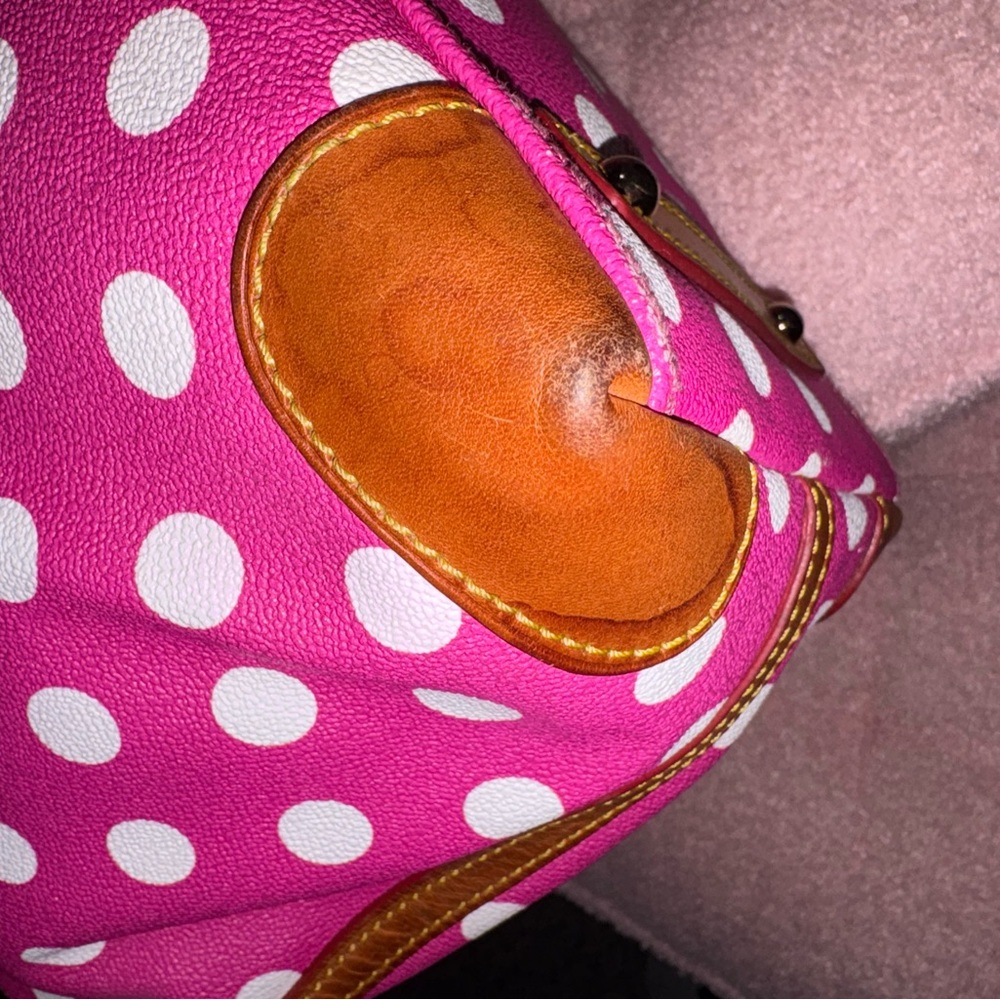 Dooney & Bourke Hot Pink and White Polka Dot Satchel with Brown Trim - Picture 7 of 11